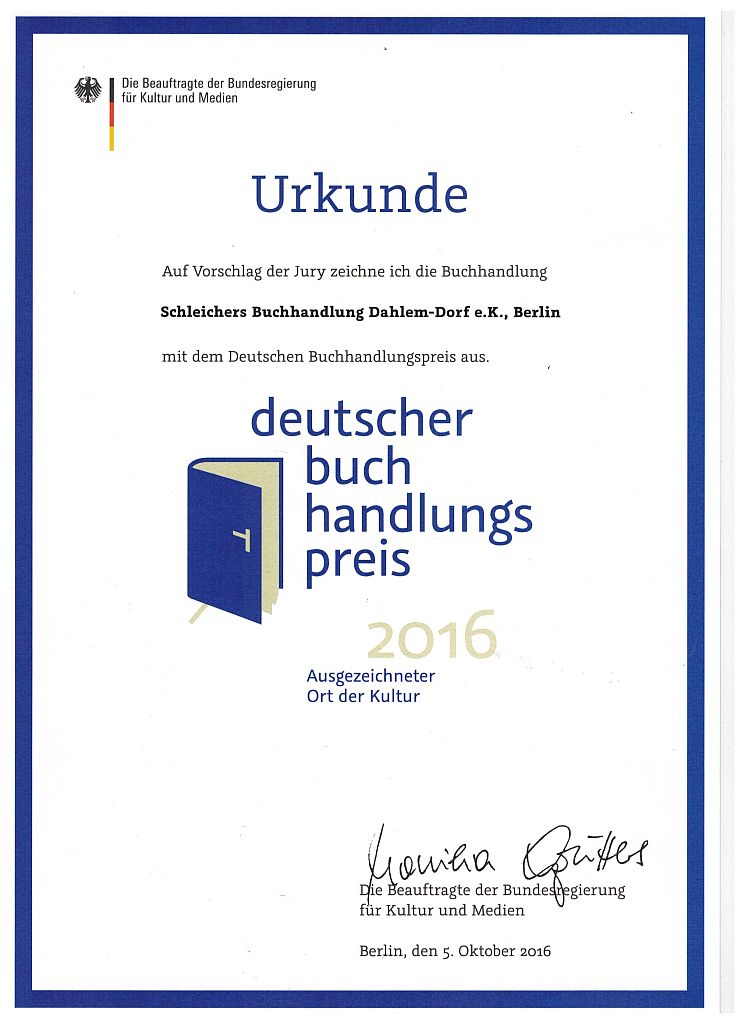 Urkunde Buchhandlungspreis 2016